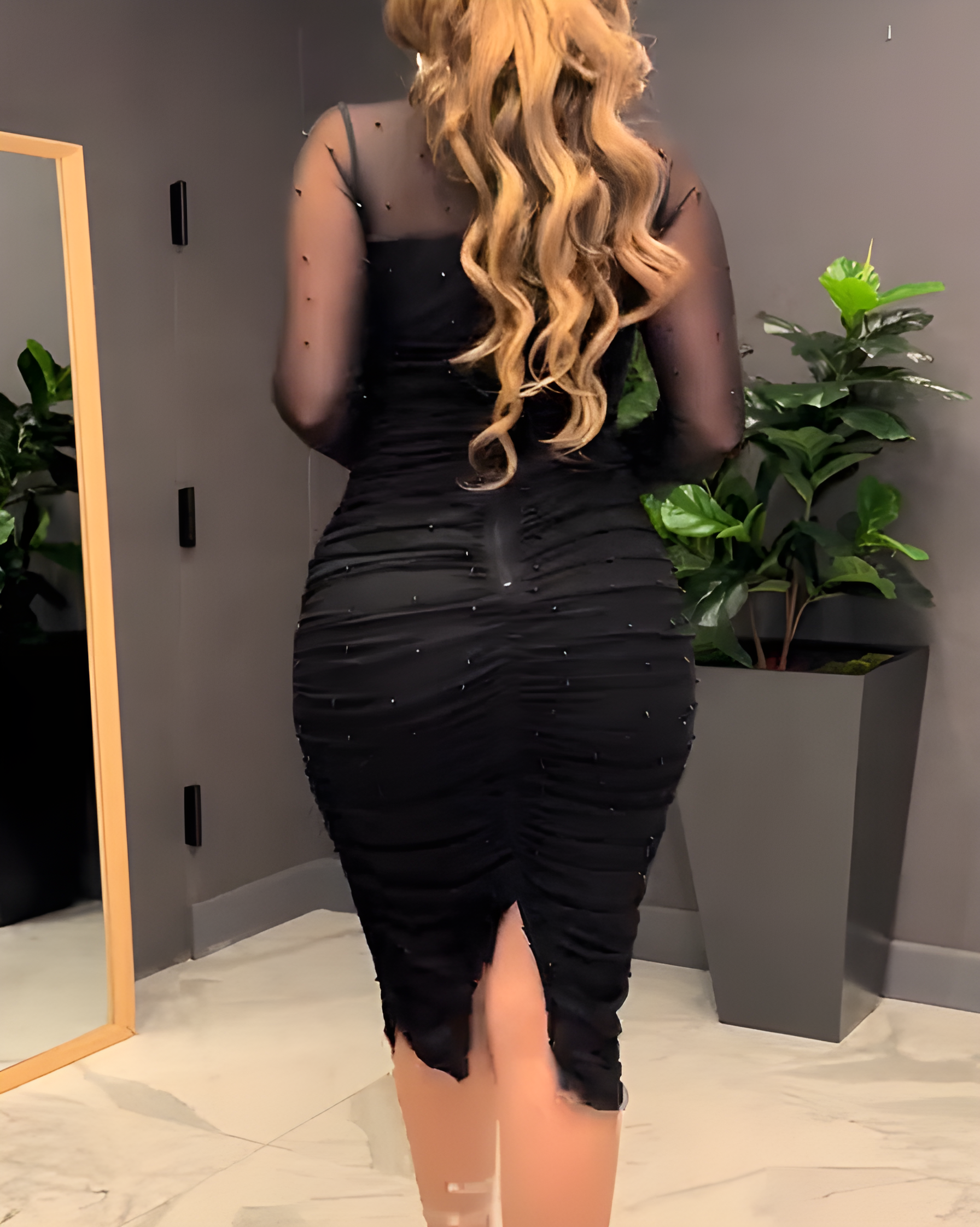 Mesh Long Sleeve Beaded Bodycon Midi Dress