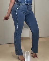 High-Elasticity Studded Straight Leg Jeans