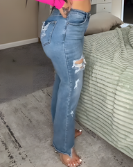 High-Waisted Ripped Frayed Straight-Leg Jeans