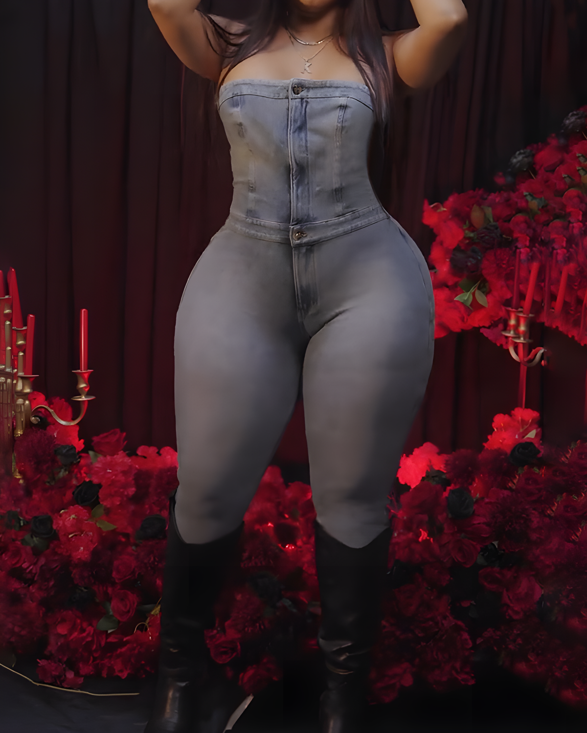 Slim Fit Bandeau Sleeveless Denim Bodycon Jumpsuit