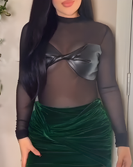 Sheer Mesh Leather Long-Sleeved Bodysuit
