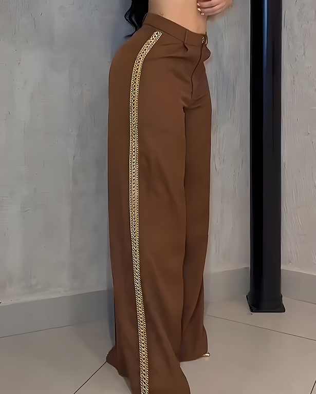 Metal Chain Trim Wide-Leg Casual Pants