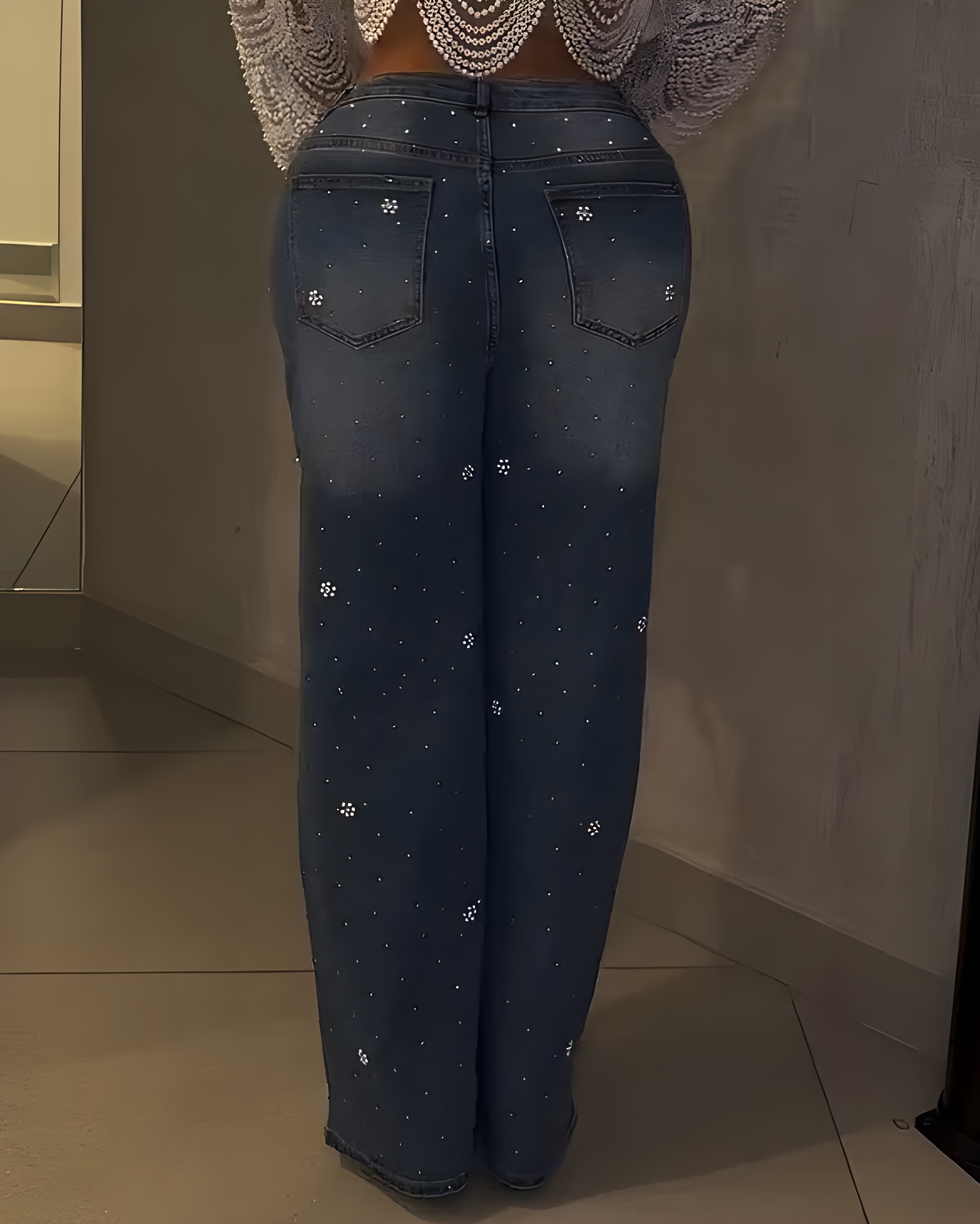 Shiny Beaded Slim-Fit Wide-Leg Jeans