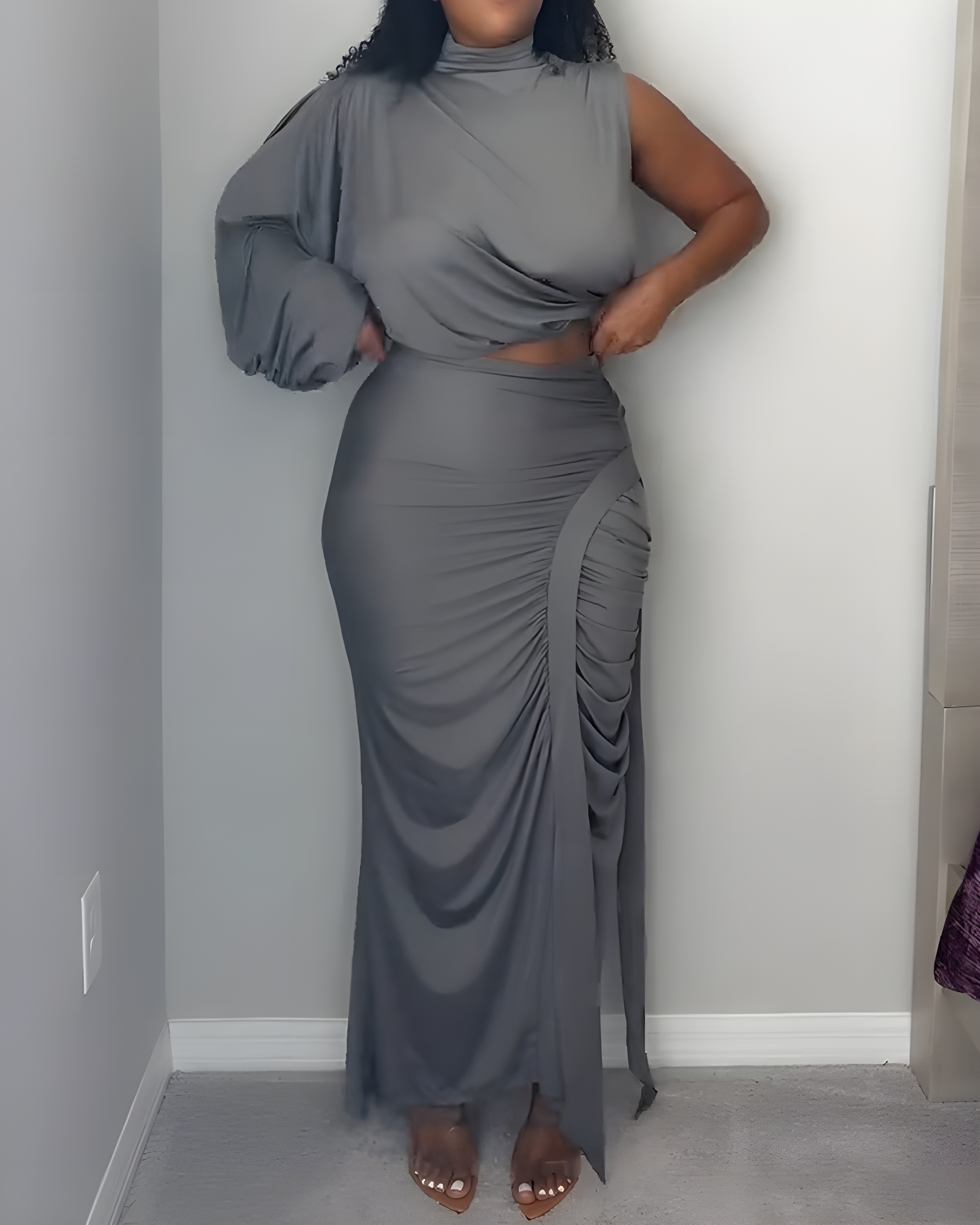 One-Shoulder Sleeve Ruched Slim Skirt 2-Piece Set