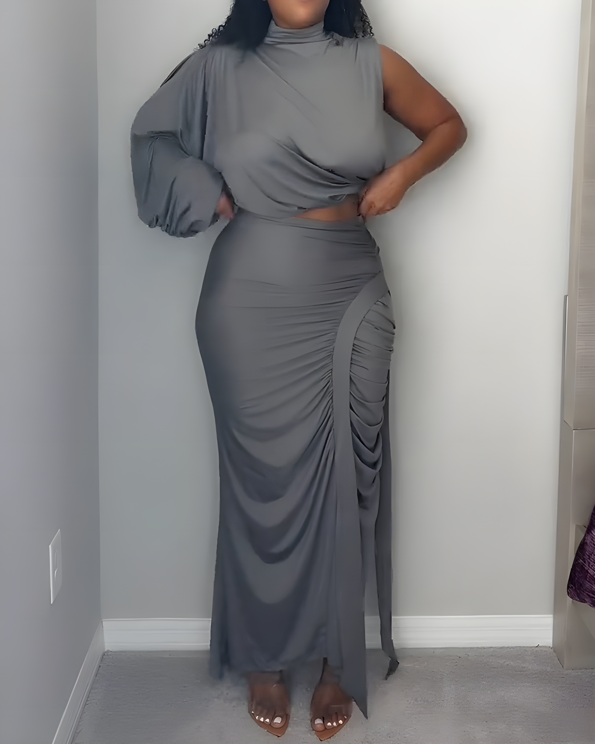 One-Shoulder Sleeve Ruched Slim Skirt 2-Piece Set