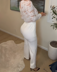 Deep V Neck Lace Patchwork Long-Sleeved Jumpsuit