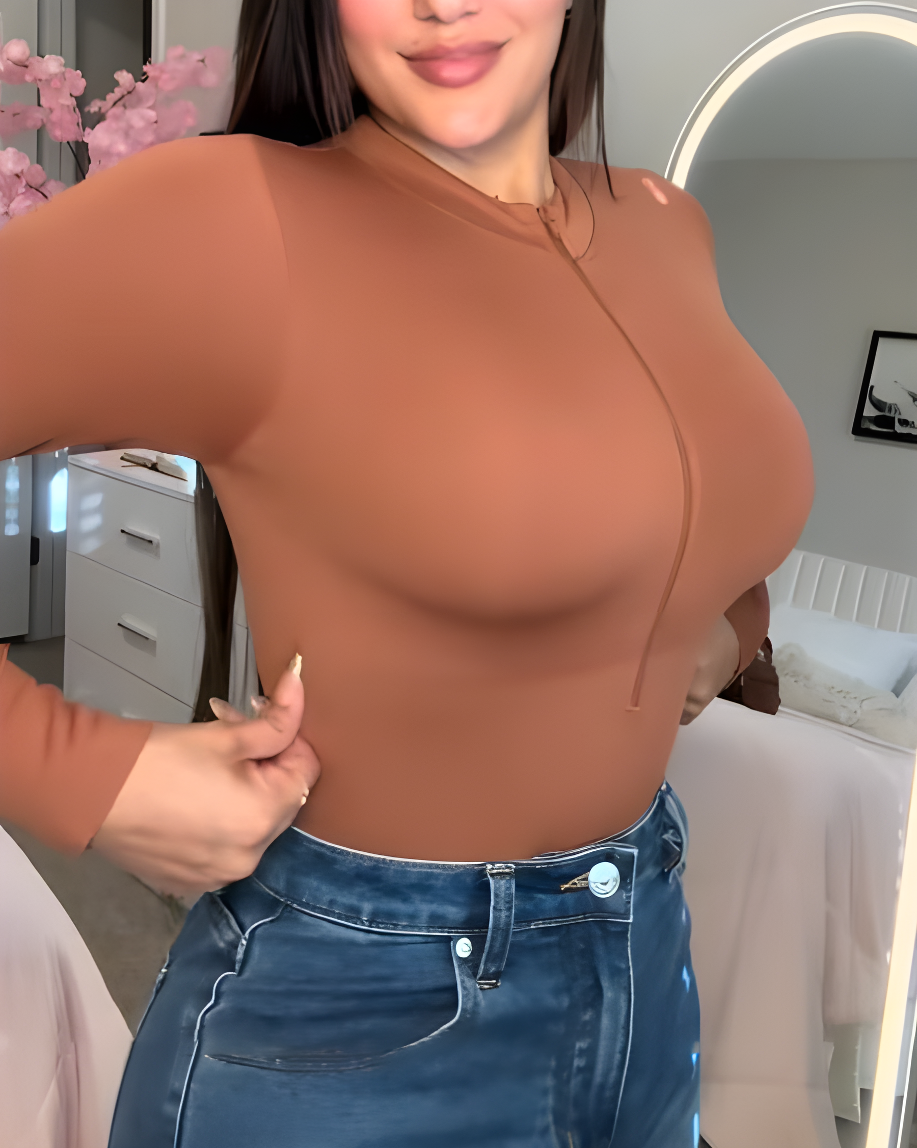 Front Zip Long Sleeve Shapewear Thong Bodysuit