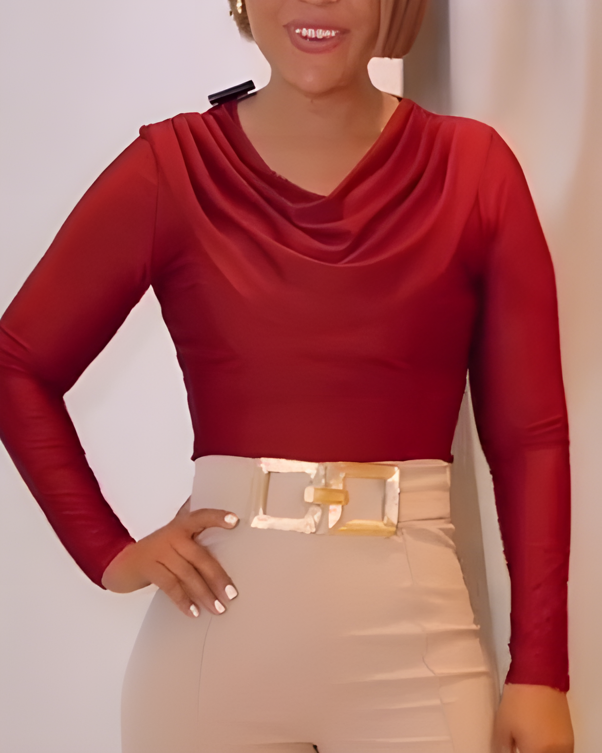 Draped Neck Long-Sleeved Top