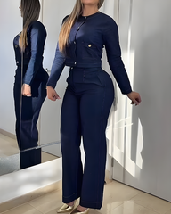 Crew Neck Denim Jacket Long Jeans Set