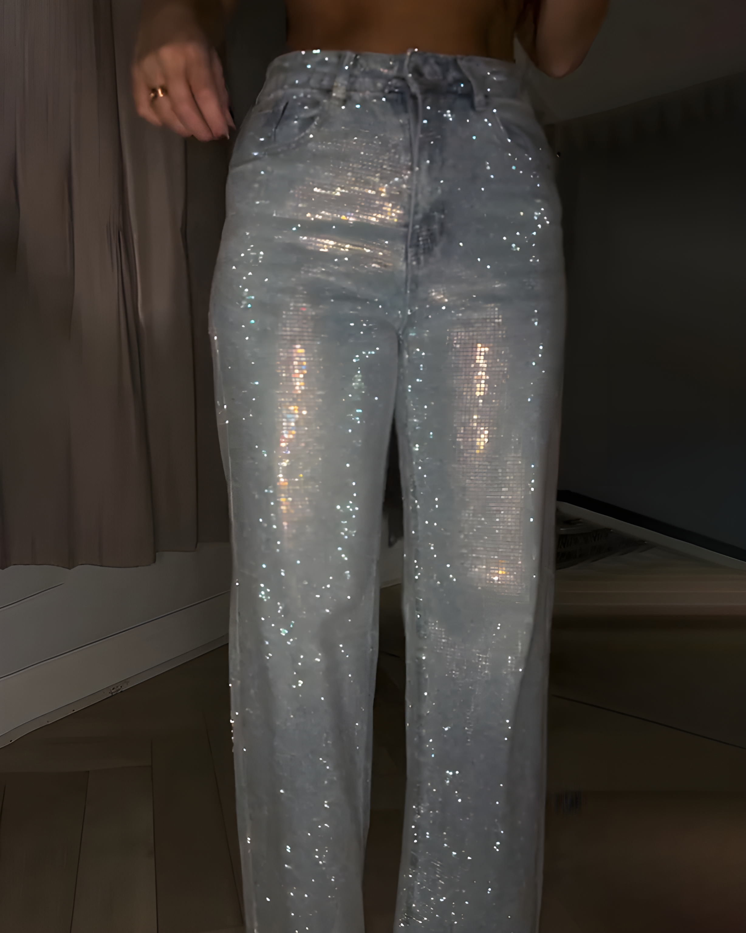 Sparkling Rhinestone Wide-Leg Denim Pants