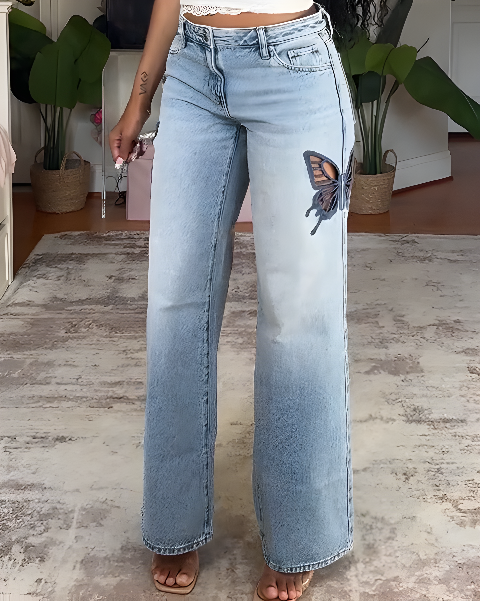 Butterfly Cutout Slim-Fit Straight Jeans