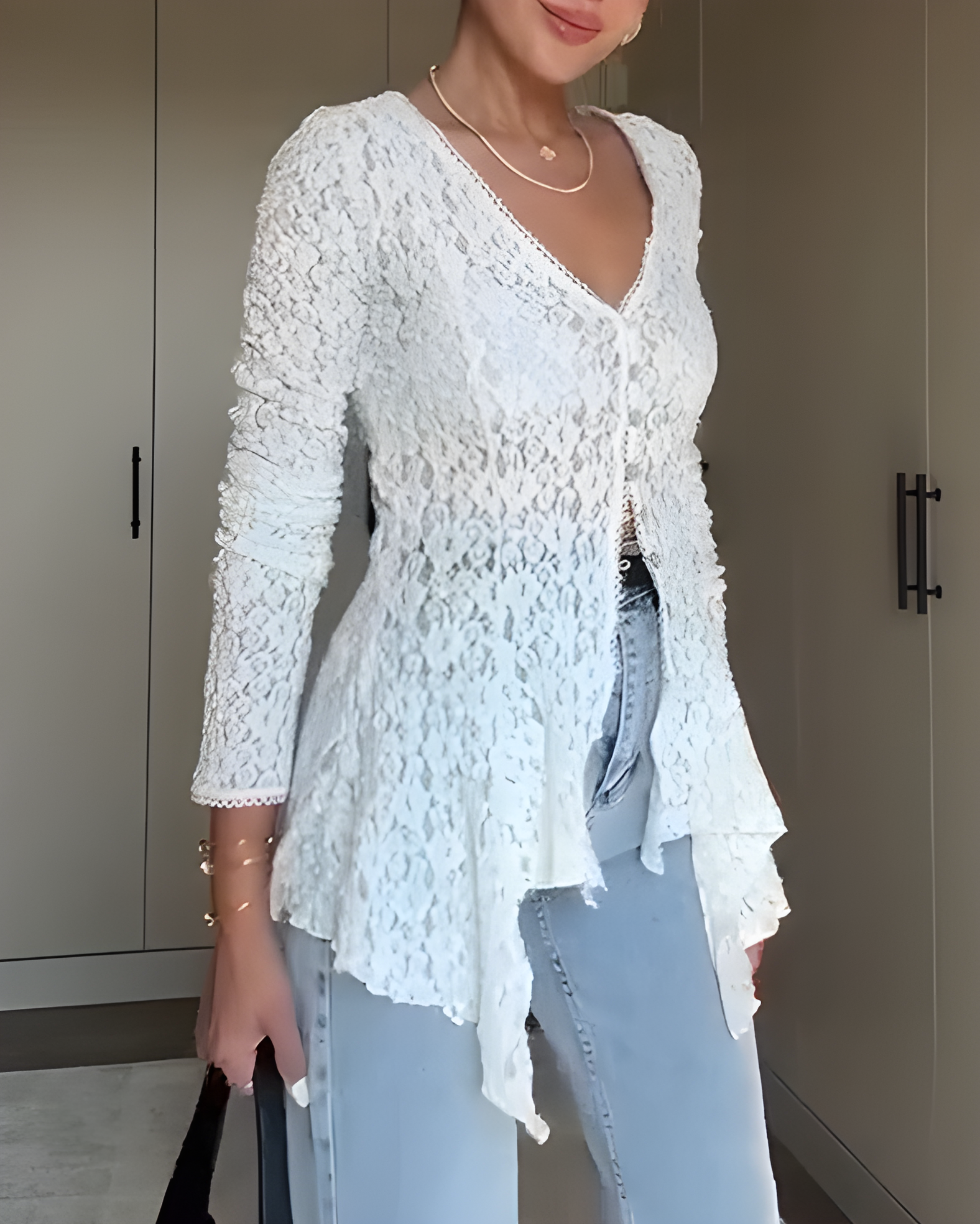 Hollow Lace Long-Sleeved Top