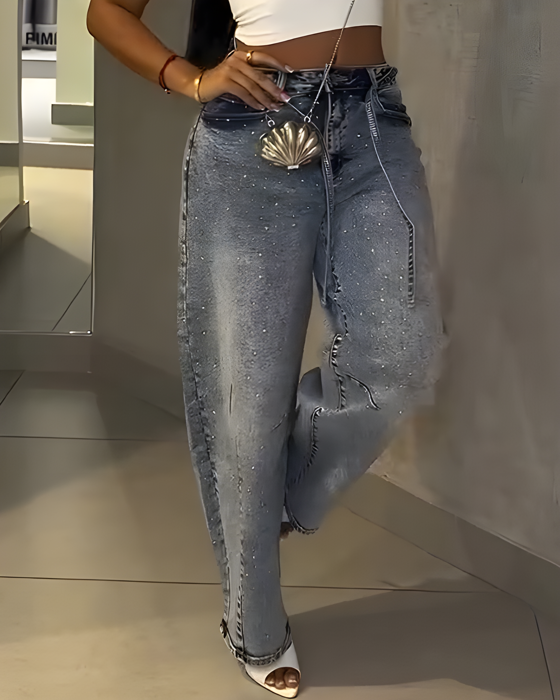High-Waisted Sparkling Rhinestones Slimming Jeans