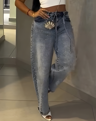 High-Waisted Sparkling Rhinestones Slimming Jeans