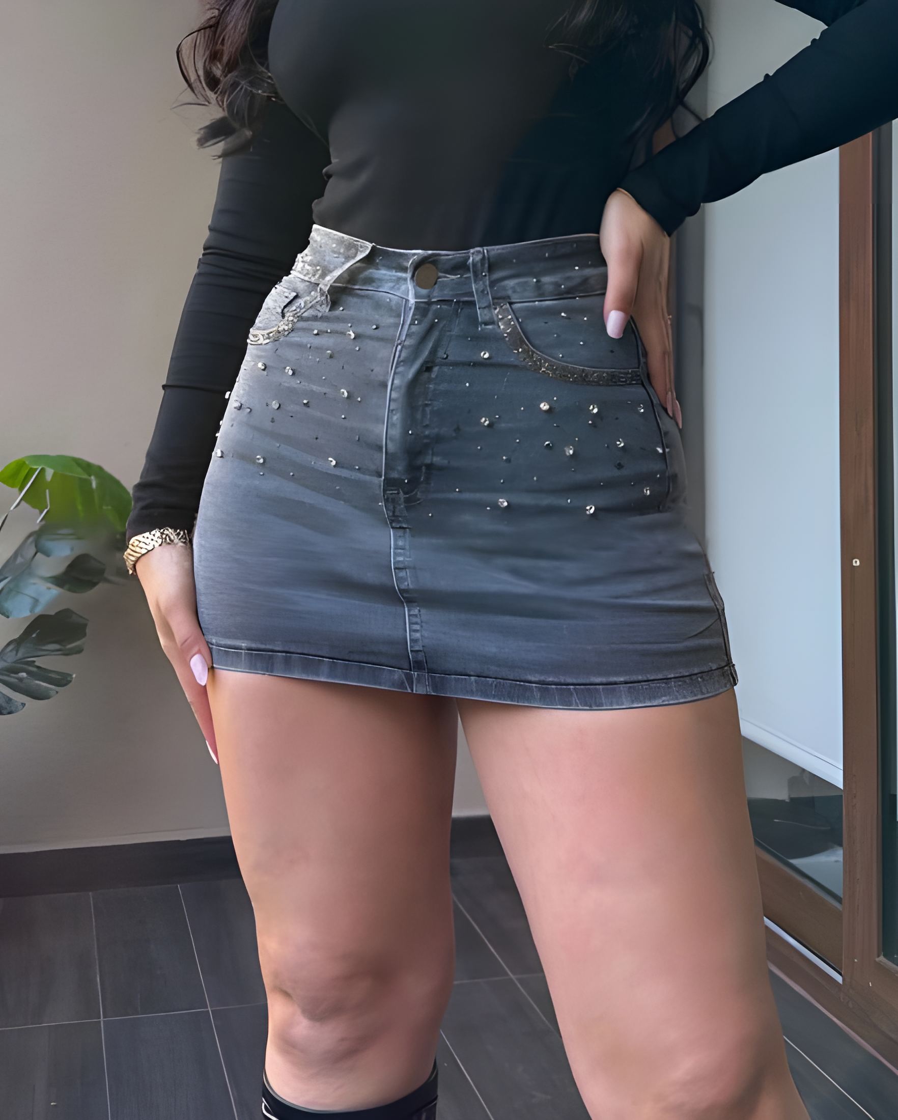 Built-In Shorts Shiny Denim Skirt