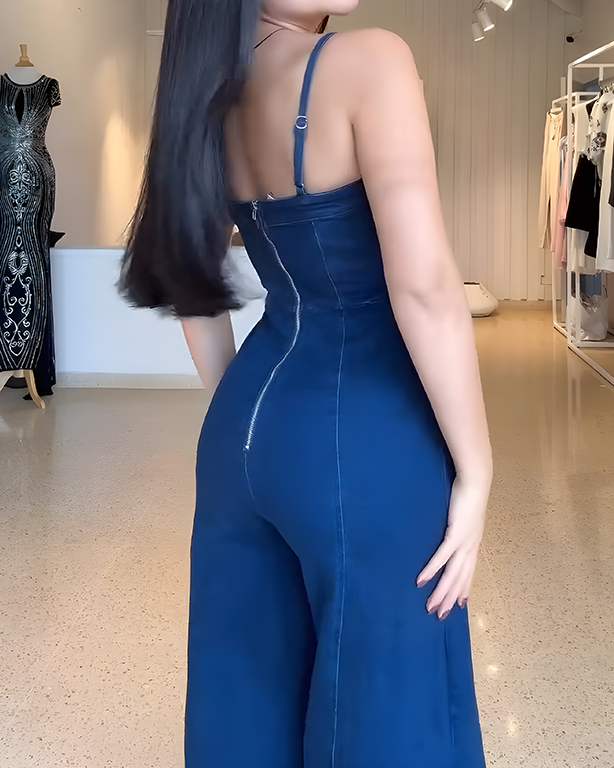 Bodycon Wed-Leg Denim Jumpsuit