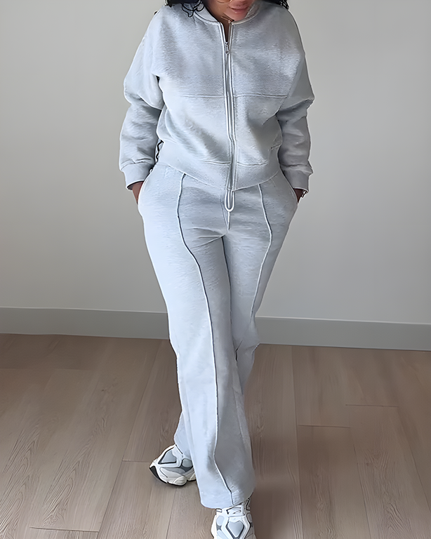 Zipper Cardigan Sweatshirt Straight Pants Set