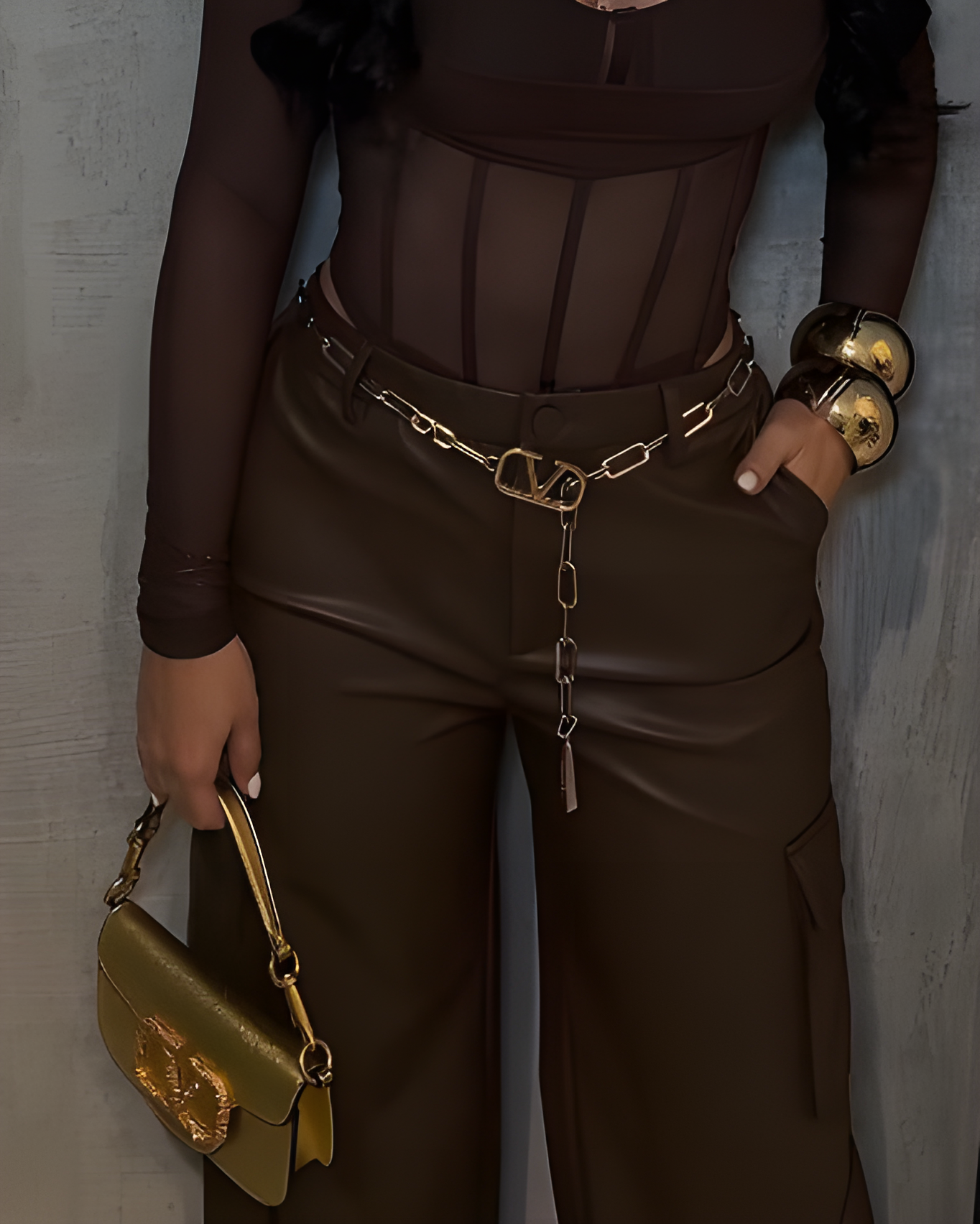 Cargo Style Wed-Leg Leather Pants