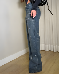 Sparkling Rhinestones Wide-Leg Denim Pants