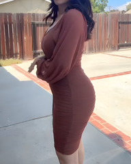 Puff Sleeve V-Neck Mesh Ruched Bodycon Dress