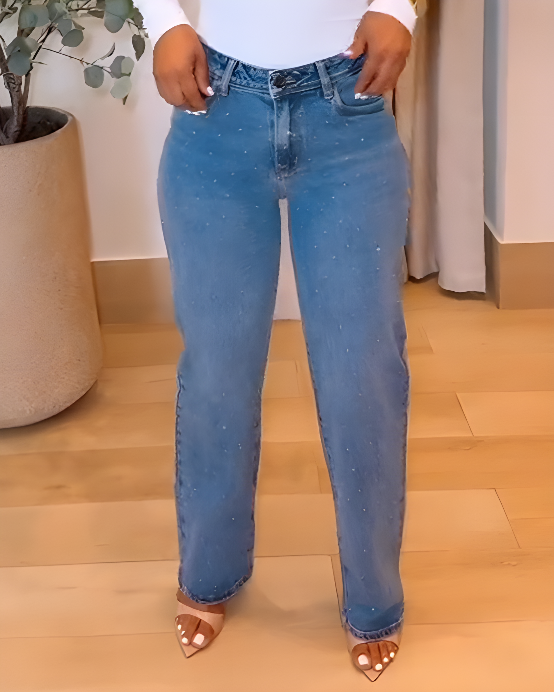 High-Rise Sparkling Rhinestones Wide-Leg Jeans