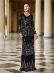V-neck Long Sleeve Sequin Maxi Dress