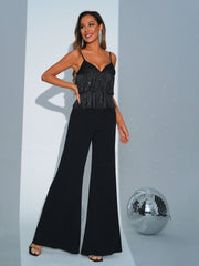 Spaghetti Straps Fringed Backless Black Jumpsuits