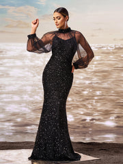 Black Long Sleeve Mesh Sequin Floor Length Dress