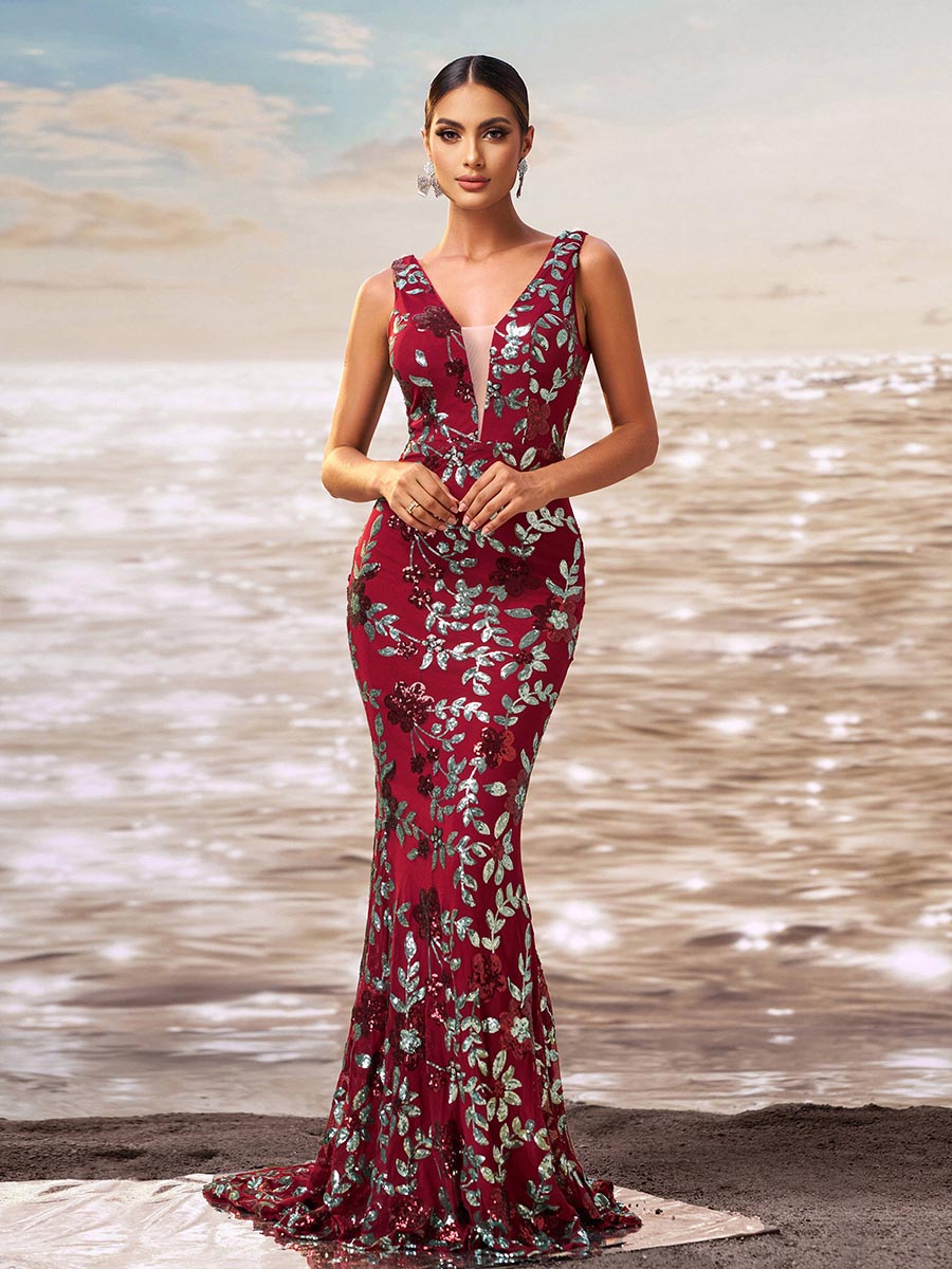 Floral V-neck Sequin Mermaid Prom Dress