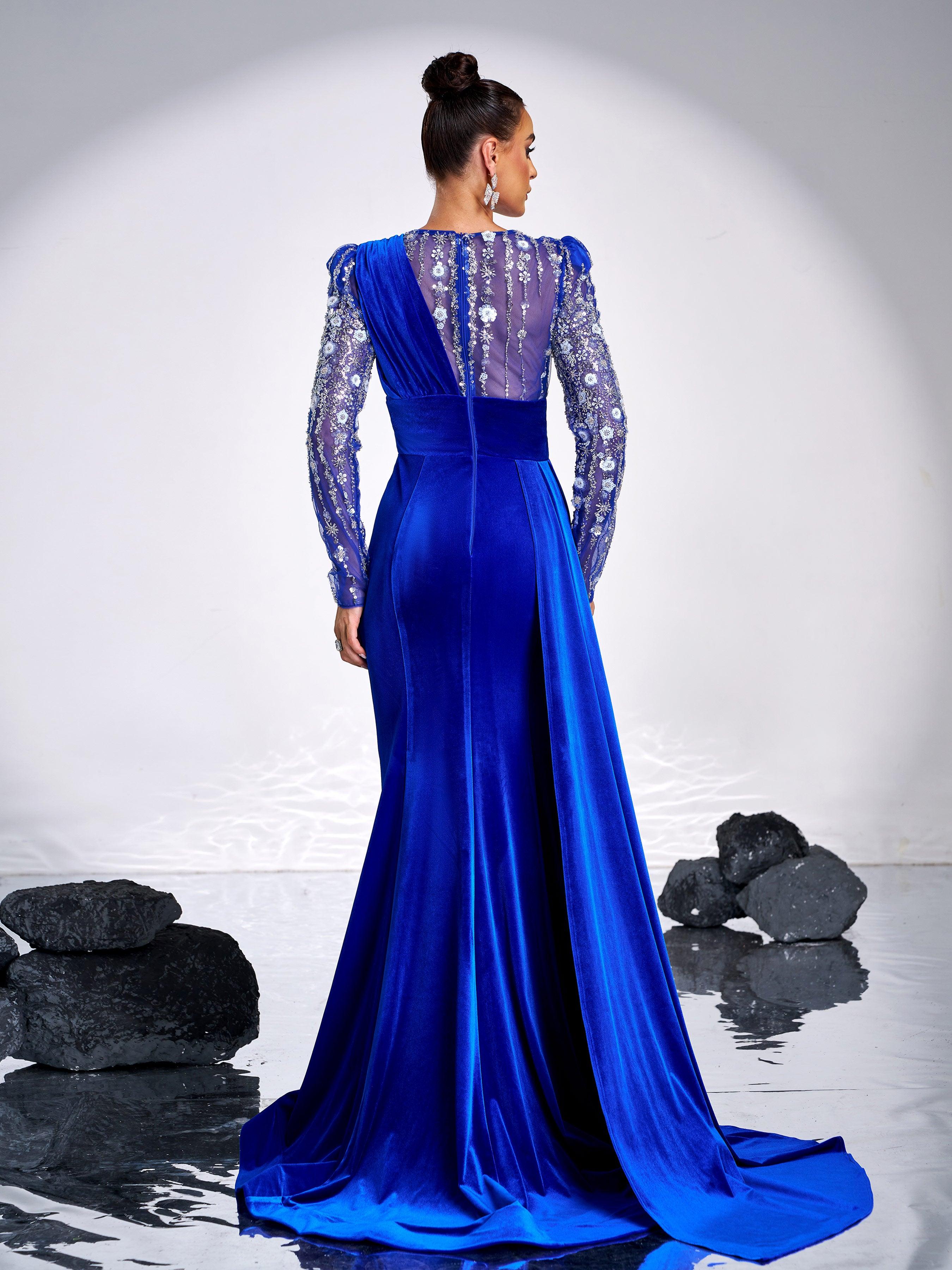 Floral Beaded Pleated Floor Length Velvet Gown