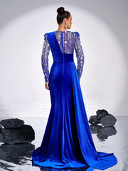 Floral Beaded Pleated Floor Length Velvet Gown