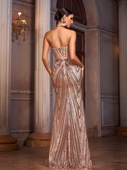 Strapless Colorblock  Mermaid Sequin Formal Dress With Belt