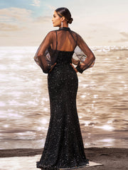 Black Long Sleeve Mesh Sequin Floor Length Dress