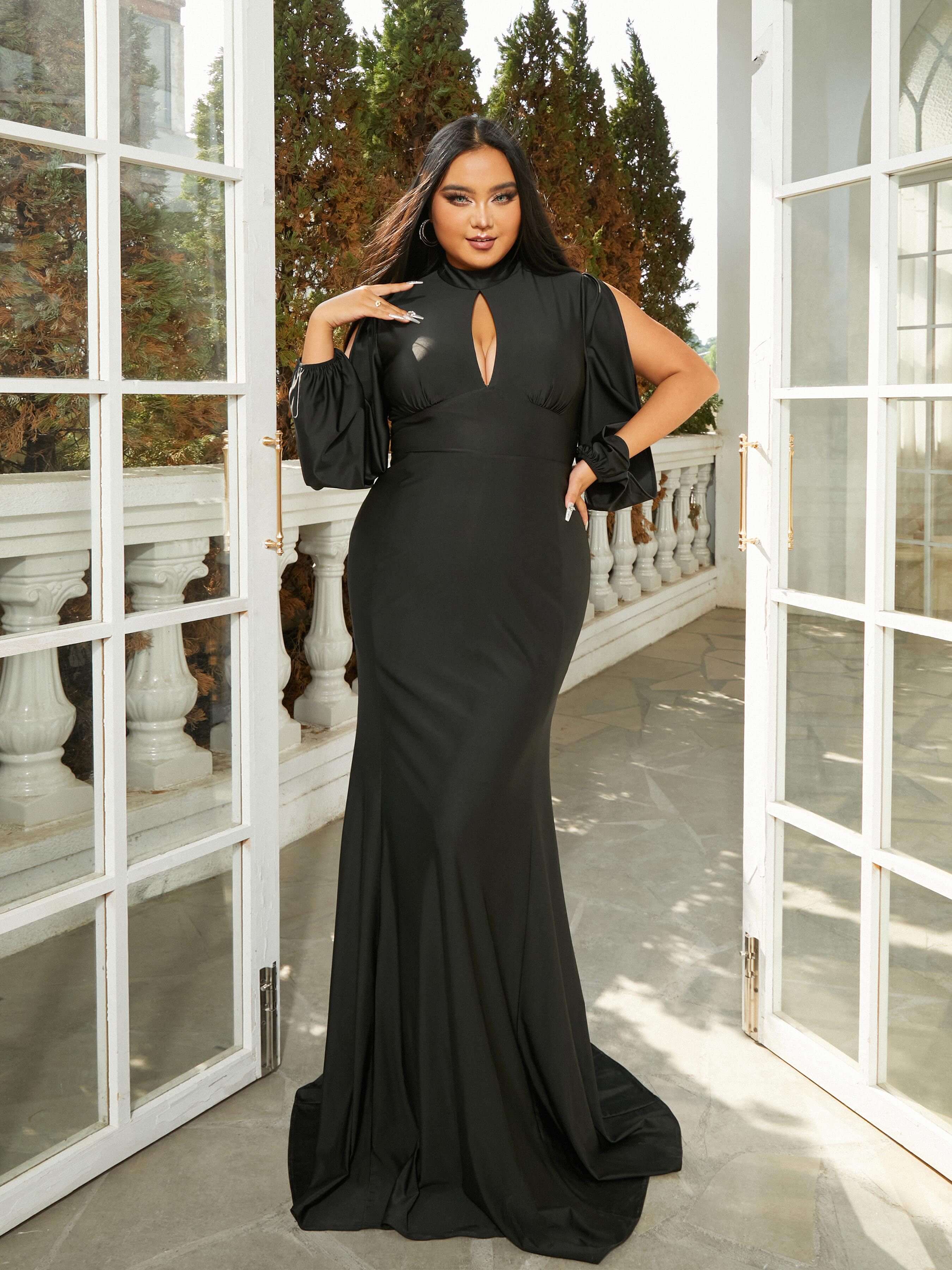 Plus Stand Collar Cutout Mermaid Black Dress