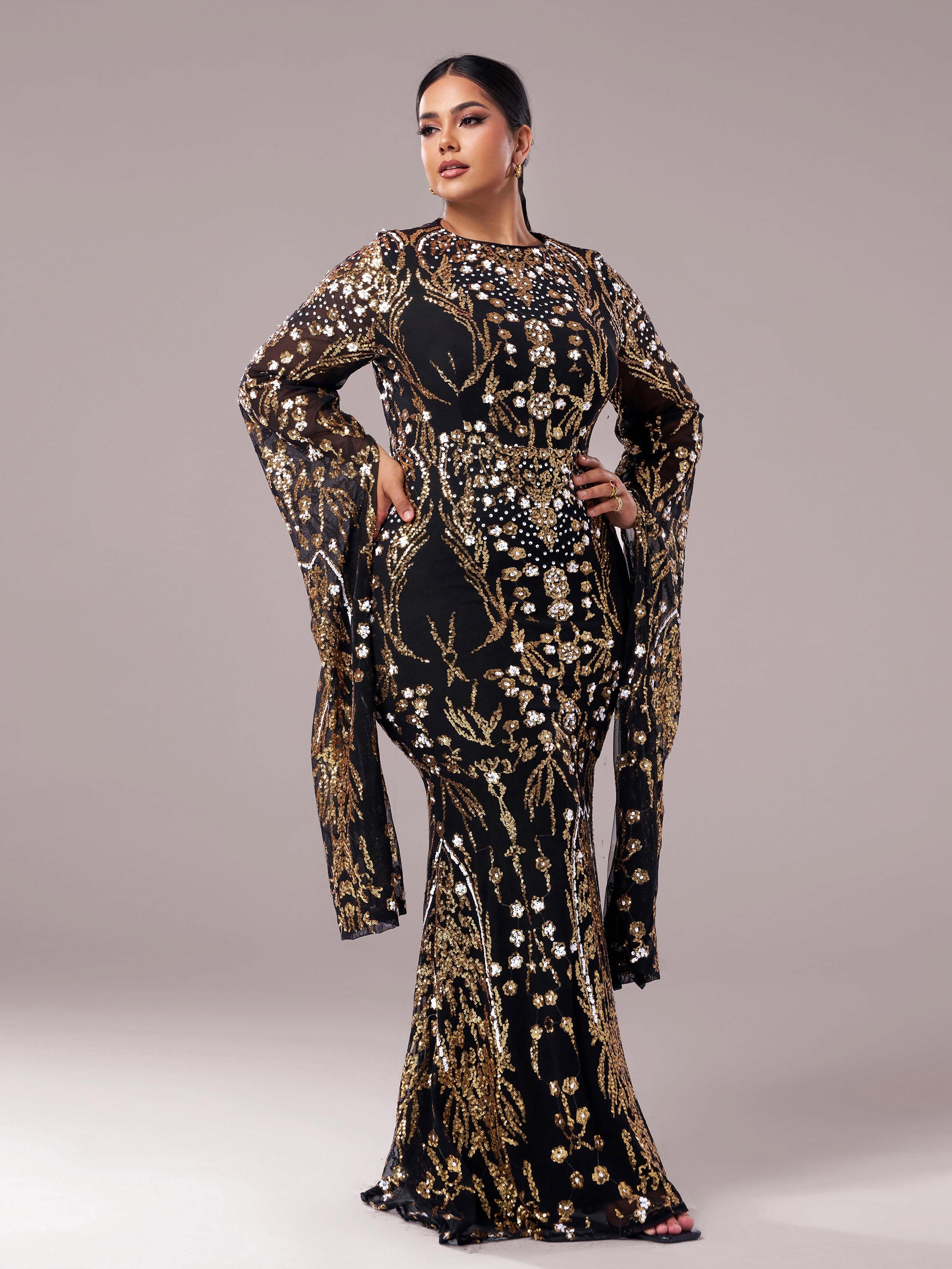 Plus Long Sleeve Mermaid Sequin Maxi Dress
