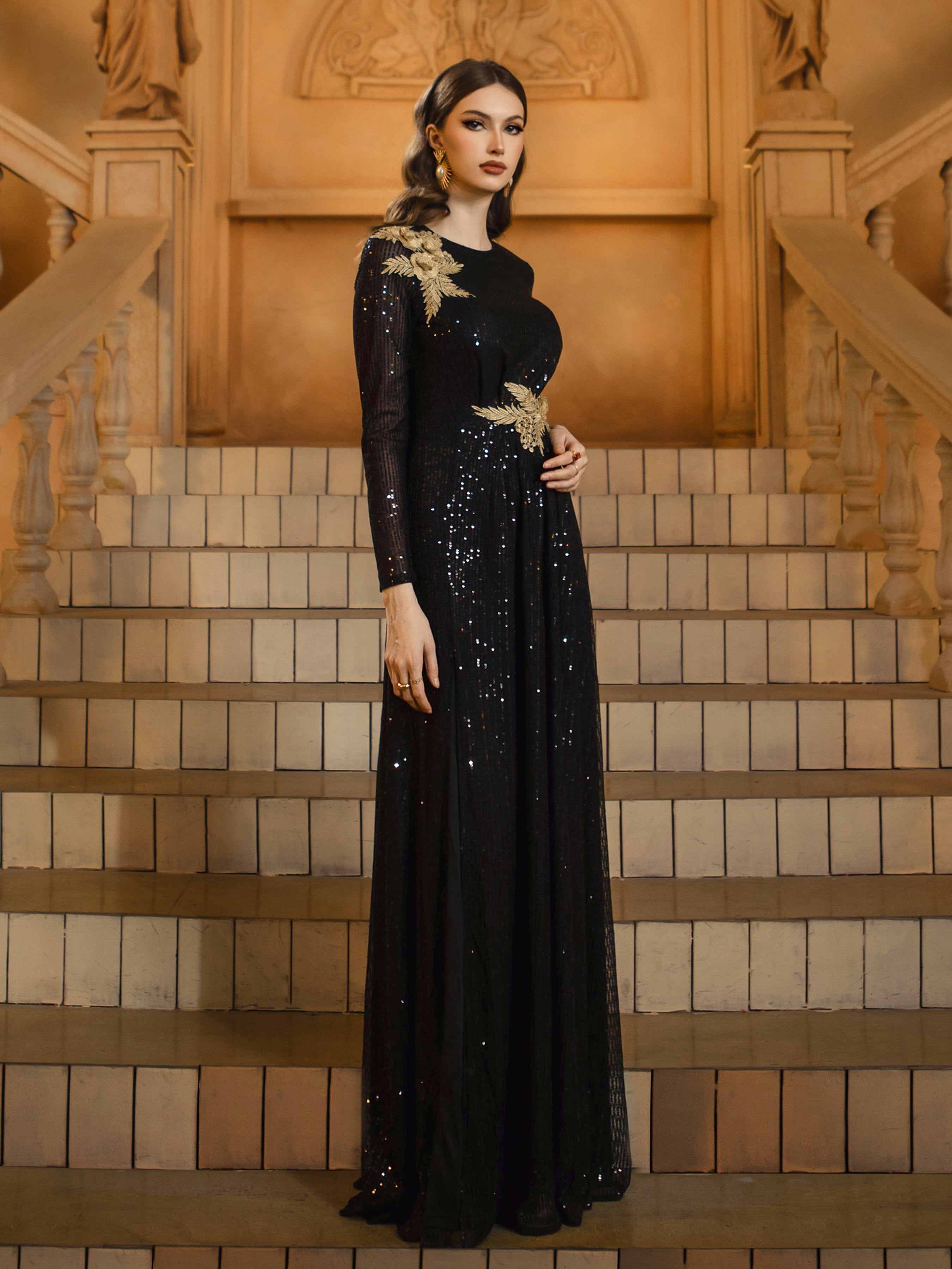Black Leaf Sequin Long Sleeve Prom Dress