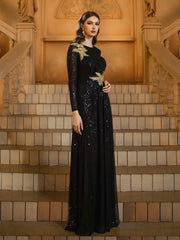 Black Leaf Sequin Long Sleeve Prom Dress