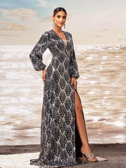 Black Sequin V-neck Split Evening Dress