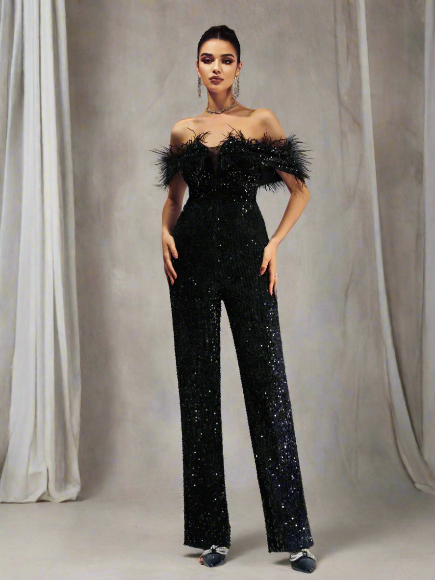 Off Shoulder Feather Jumpsuits