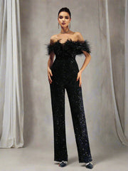 Off Shoulder Feather Jumpsuits