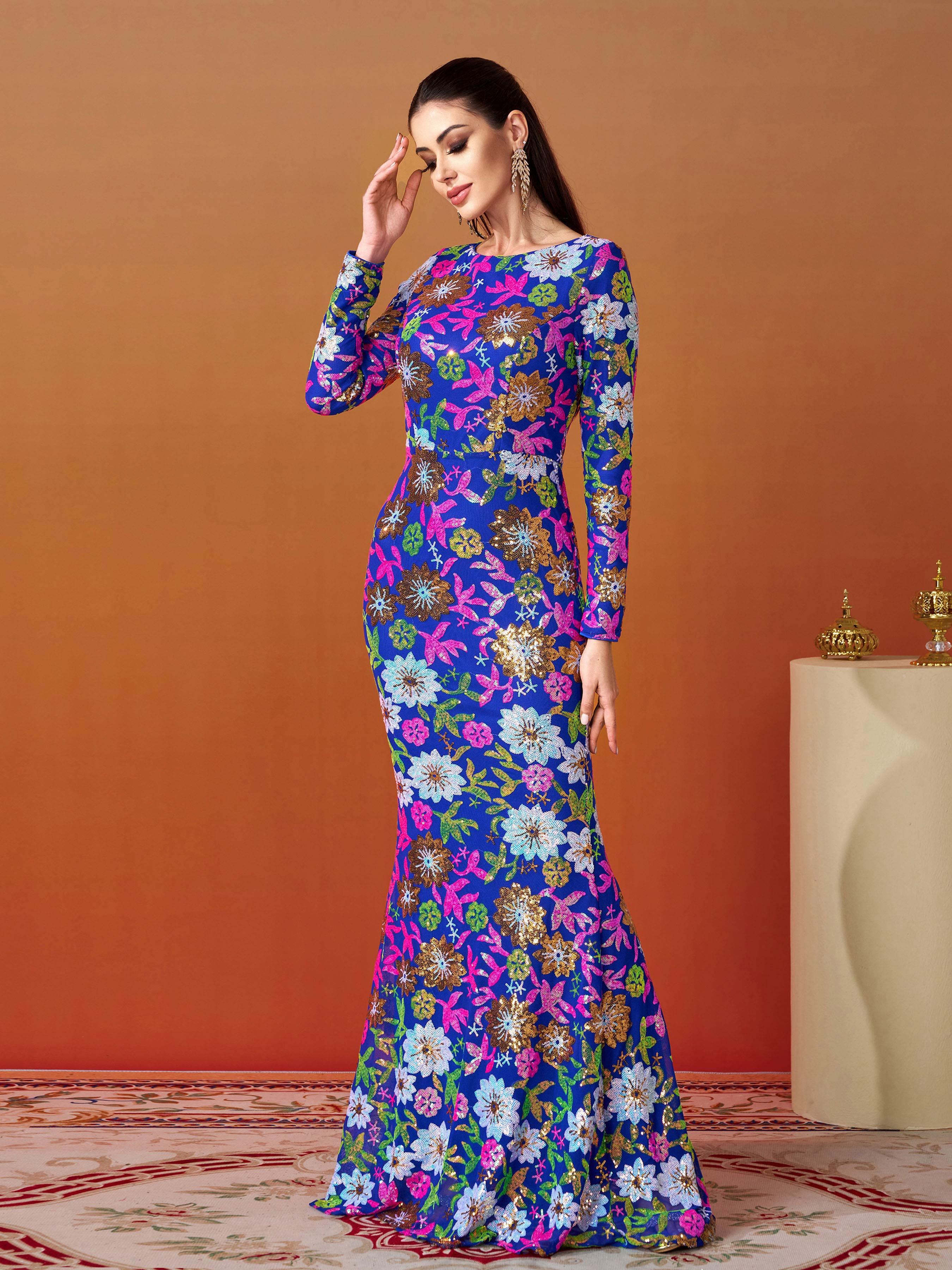 Crew Neck Floral Sequin Dress