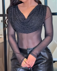 Draped Neck Mesh Long-Sleeved Top