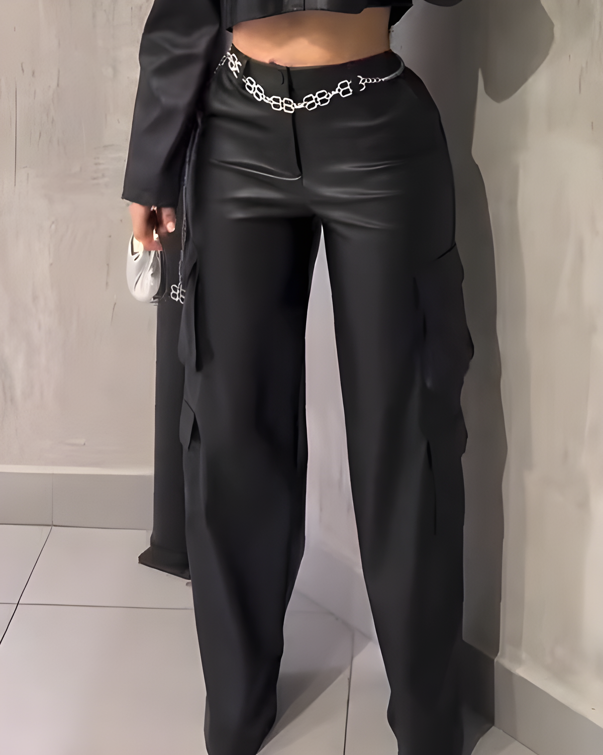 Cargo Style Wide-Leg Leather Pants