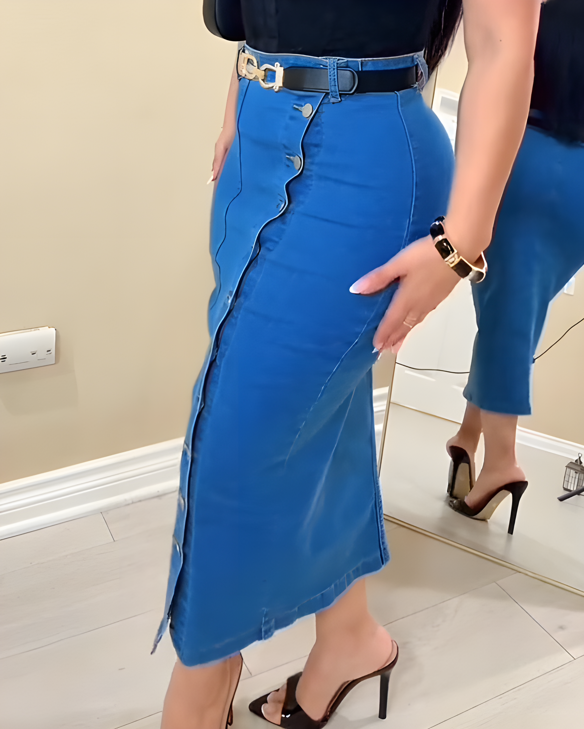 Side-Breasted Slim-Fit Denim Skirt