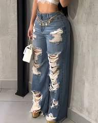 High-Waisted Ripped Straight Leg Jeans
