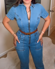 Short-Sleeved Slim-Fit Front Zip Denim Jumpsuit