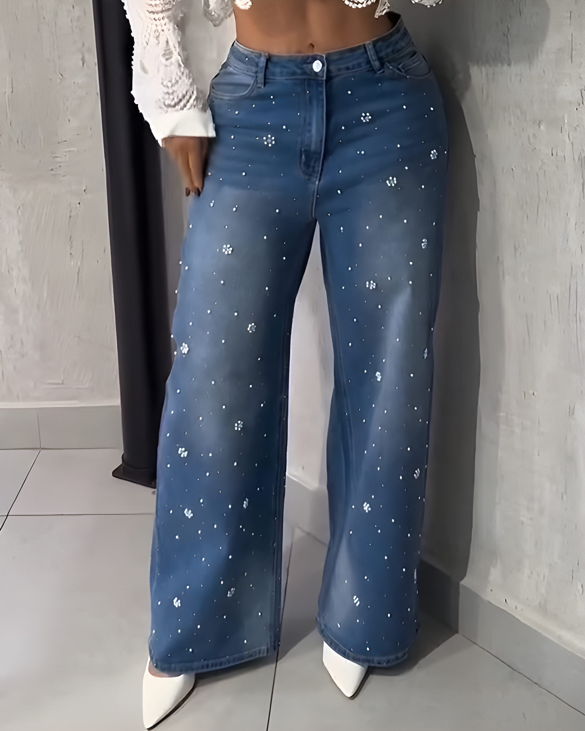 Shiny Beaded Slim-Fit Wide-Leg Jeans