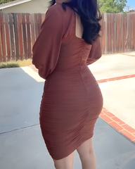 Puff Sleeve V-Neck Mesh Ruched Bodycon Dress