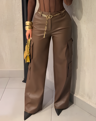 Cargo Style Wed-Leg Leather Pants