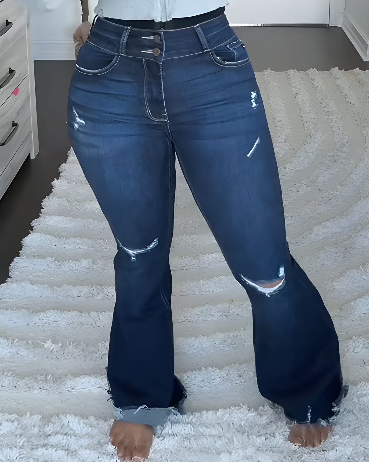 Double-Breasted High-Rise Slim-Fit Ripped Flared Jeans
